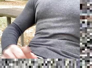 Stroking my super hard dick in public at the park on the bench, cumming in public