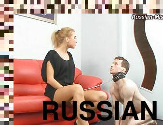 Hot Russian femdom doll striping her slave indoors then liking her heels licked
