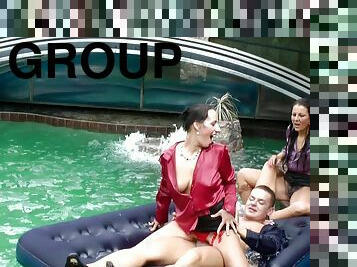 Pool party turns a hardcore group sex with female participants loving the dude's shaft