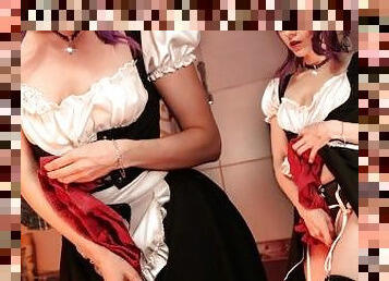 The maid was secretly aroused by the master's panties while washing clothes