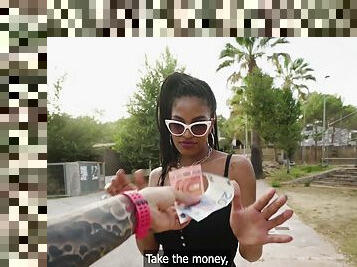 Provocative ebony Tina Fire teases and takes money to be fucked