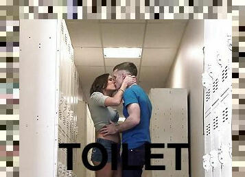 High school sweethearts making love in the school toilet