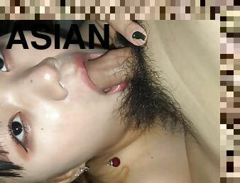 18yo Asian teenage with hairy pussy blows tiny dong