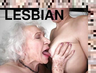 old and young lesbian sex with retired GILF and 18yo brunette - retirement gift