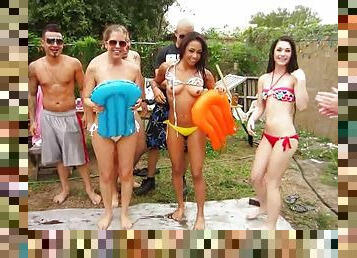 Three charming chicks are in a hot bikini sex party