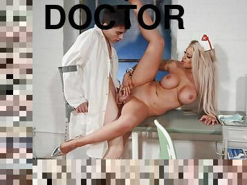 A young lucky doctor fucks a super busty nurse in his office.