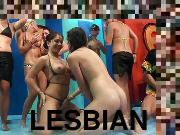 Hot lesbian group sex in the night club