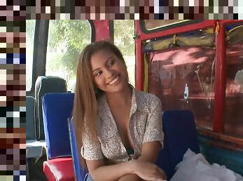 Playful Tatiana gives a titjob and rides a dick in a bus
