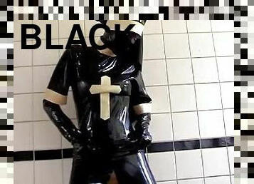 Black Latex Rubber Church Nun With High Heels Pisses Outdoor And Peeing In Pee Bag