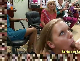 Dirty fucking sluts sucking on stripper cocks at local hair salon