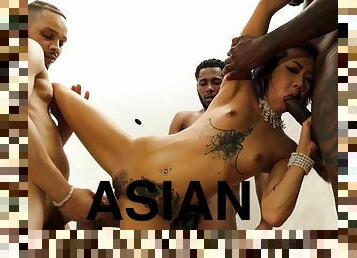 Fit and flexible Asian gangbanged by big black cocks