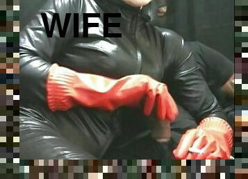 smoking wife in red rubber gloves milking me 1