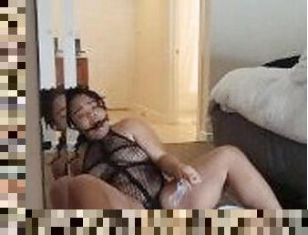 Gagged Thick Ebony MILF fucks creamy and squirting pussy in mirror with heels on!