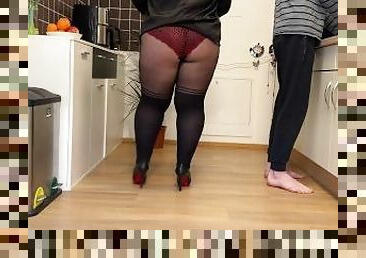 Lustful mother-in-law masturbates in the kitchen and gets a huge load of cum on her fat ass in panty