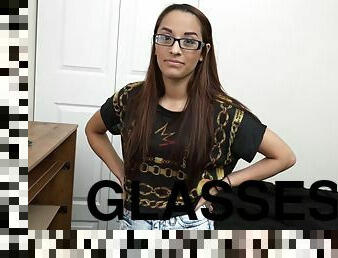 Cute and nerdy glasses on a sexy chick slobbering on a dick