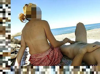 Public handjob on a nudist beach, masturbation and cumshot on a big dick in front of everyone - MissCreamy