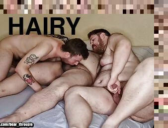 Trio of fat and hairy men suck each others cocks and fuck each other bareback teaser video