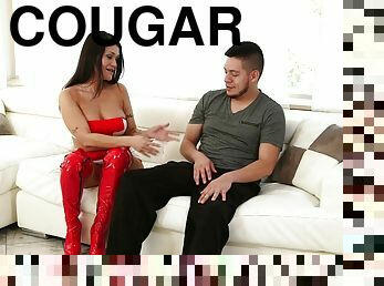 Horny cougar in red latex boots sucks a fat hard dick completely dry