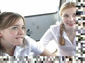 Schoolgirls on the bus suck cock and fuck