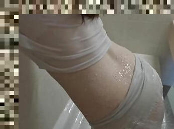 wet t-shirt fun in the shower with stepsister