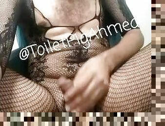 Stroking my useless clit while i wear my wife's fishnet