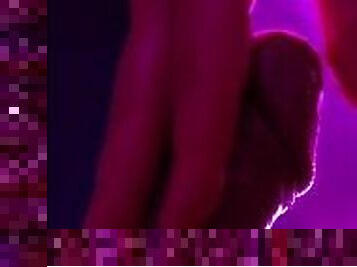 Solo groaning mastrubation with massive cumshot close-up in pink light