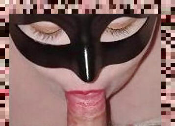 Masked wife paints my cock red than makes me get off while she watches, red lipstick blowjob