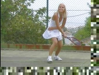 Two cute girls in tennis dresses have an amazing lesbian sex