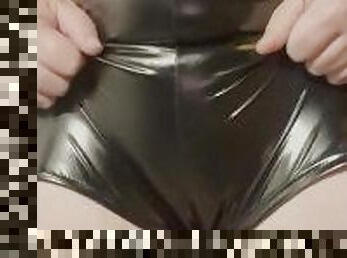 Desperate wetting and leaking in latex fake leather pants