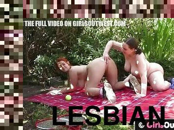 Chubby lesbian with huge boobs gets licked outdoors