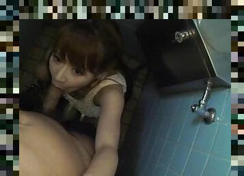 Pretty Japanese babe sucks her lover big dick in a car and in a public toilet