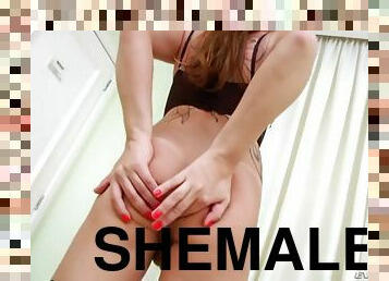 Shemale gets an erection while exhibiting her breathtaking body