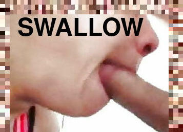 Girl deep throats long cock and swallows all the cum