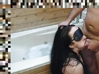 blindfolded bathroom blowjob with cum in dark hair