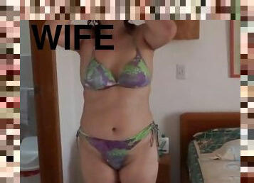 My wife, beautiful mature mother shows off in a bikini on the beach with her boss, masturbation and