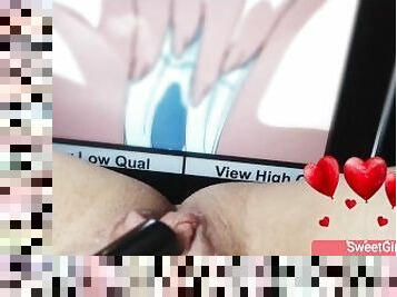 Japanese Teen Girl (18) masturbates big clit and edges pussy watching lesbian futa hentai uncensored