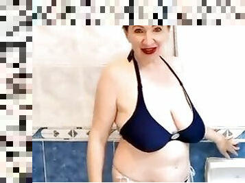 Hot milf MariaOld showers huge natural tits in bikini and nude