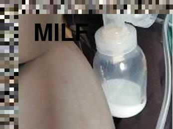 Milky Milf pumps Huge Elastic Nipples - close up