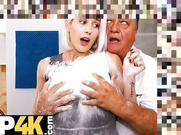 DADDY4K. Blonde girl Amy Douxxx with shaved muff humped by father-in-law
