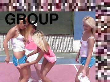 Group of horny lesbian babes having some fun on the tennis court