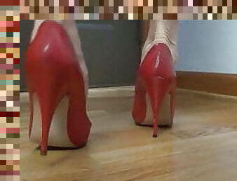 Mature Lady squeaky red pumps &amp; sexy veiny foot tease