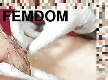 Domme Needles And Staples Cock Of Naked Male Slave