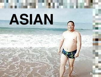asiatisk, far, fed, bøsse, store-sorte-skønheder, strand, kinesisk, farmand, bjørn