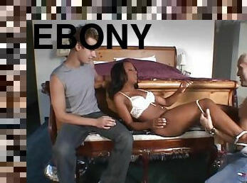 Ebony wife in high heels gets cumshot after bonked in interracial cuckold clip