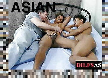 Asian twinks threeway assfucking with older guy