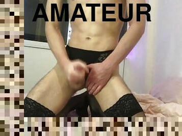young femboy guy jerking off in lingerie