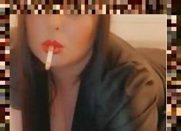 Smoking in a leather dress with red lipstick - full video on my onlyfans- link in bio & in comments