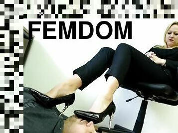 Femdom boss turns robber into shoe licking foot slave (foot domination, shoe worship, foot worship)