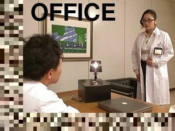 In the office a Japanese doctor fucked by two of her assistants