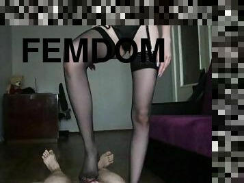 Femdome. Bound Slave Licks Nylon Feet And Jerks Off mistress ' stockings